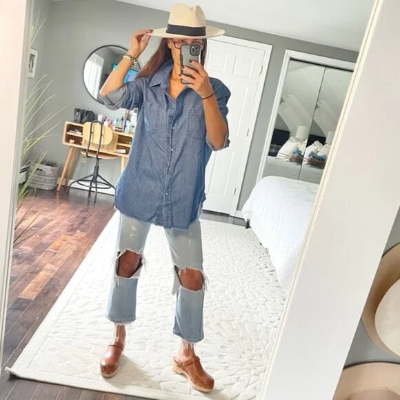 Raquel Allegra Blue Cotton Denim Fringe-Hem Button Down Shirt – Size 3 (Medium) - Picture 2 of 7